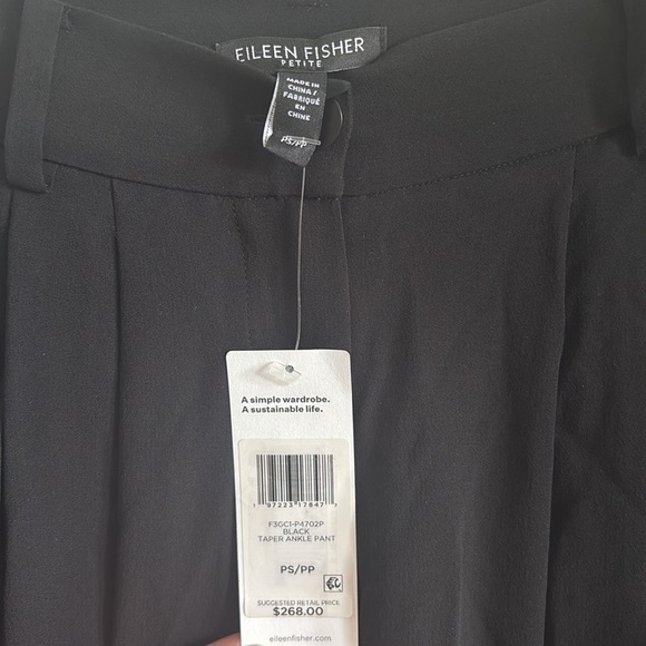 NWT Eileen Fisher petite Silk Georgette Crepe Black Pants Pockets Tapered Ankle - Picture 5 of 13